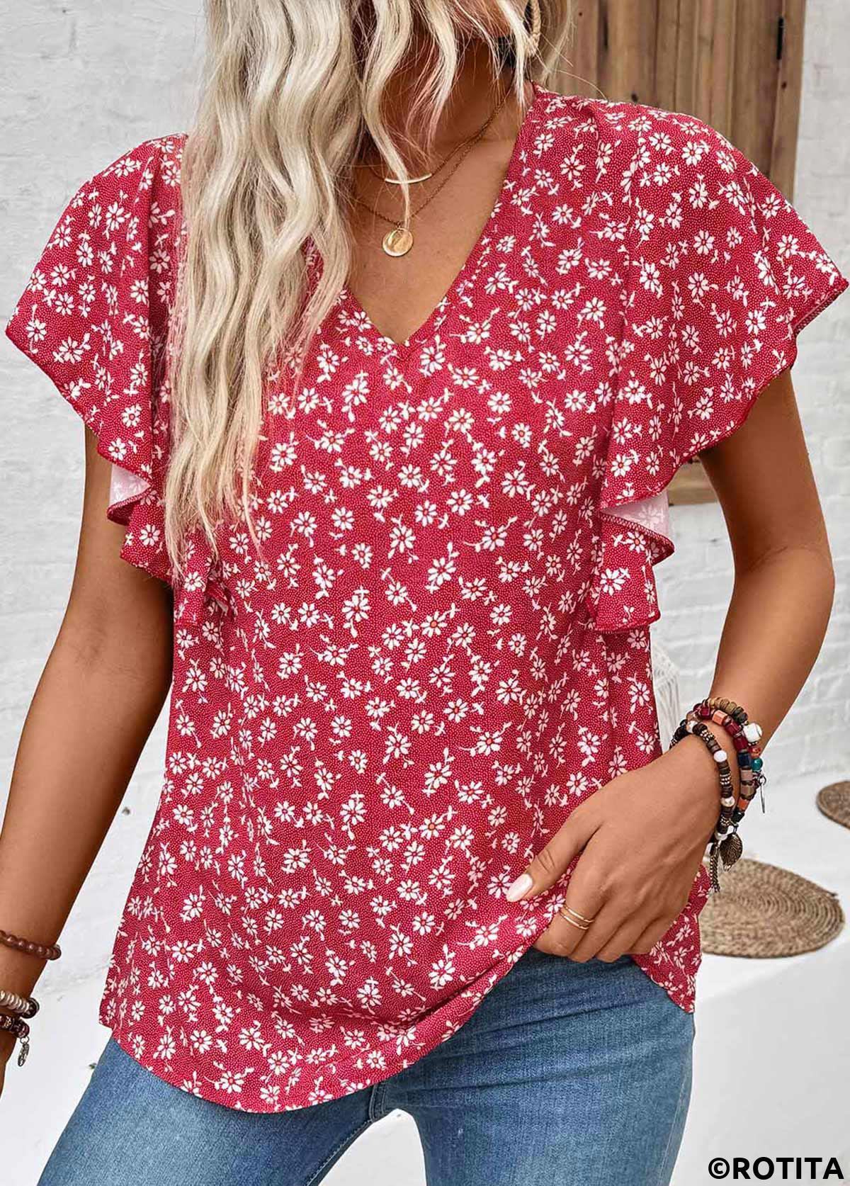 Wine Red tops,Ditsy Floral tops,Floral tops,Plants tops,ROTITA Ruffle Ditsy Floral Print Wine Red V Neck Blouse