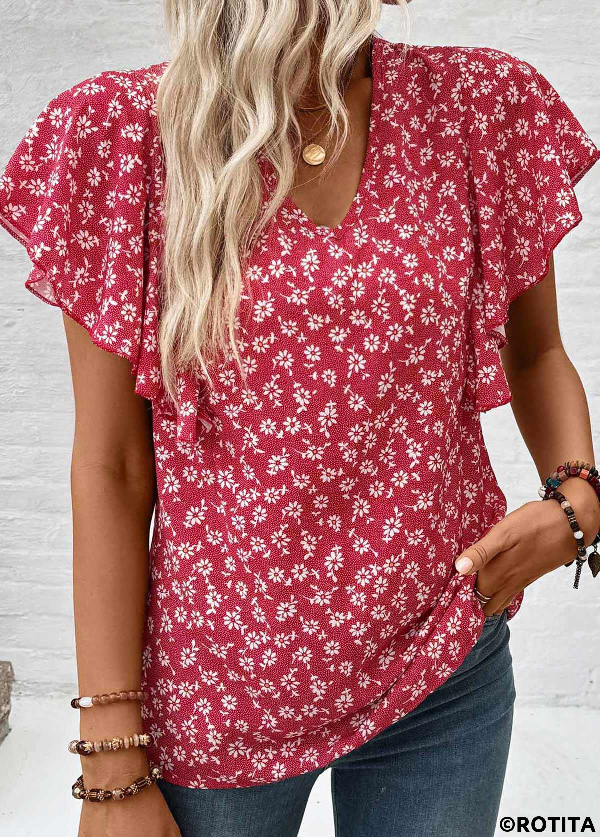 Wine Red tops,Ditsy Floral tops,Floral tops,Plants tops,ROTITA Ruffle Ditsy Floral Print Wine Red V Neck Blouse