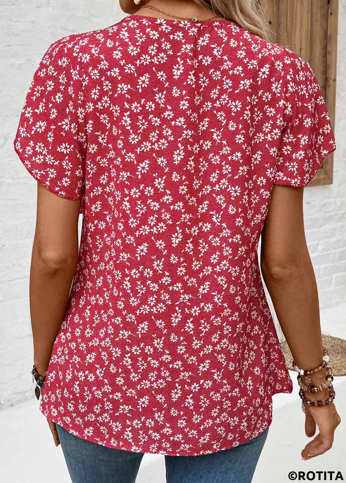 Wine Red tops,Ditsy Floral tops,Floral tops,Plants tops,ROTITA Ruffle Ditsy Floral Print Wine Red V Neck Blouse