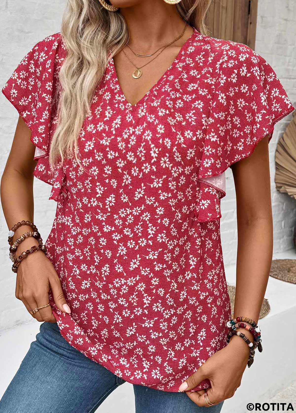 Wine Red tops,Ditsy Floral tops,Floral tops,Plants tops,ROTITA Ruffle Ditsy Floral Print Wine Red V Neck Blouse