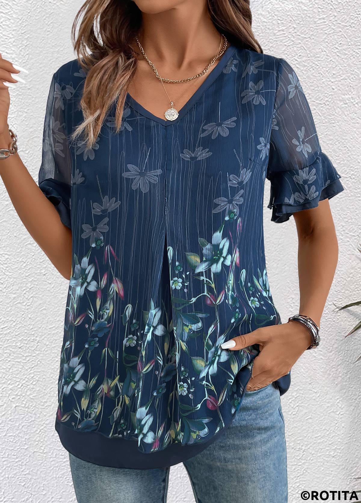 chemisier à manches courtes et col en V bleu marine à imprimé floral superposé Rotita