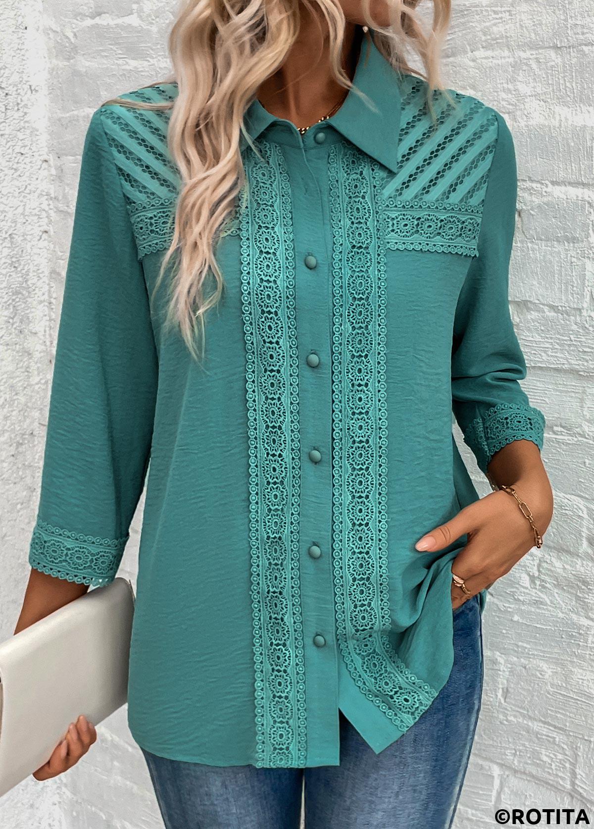 Turquoise tops,Plain Color tops,ROTITA Patchwork Turquoise Button 3/4 Sleeve Shirt