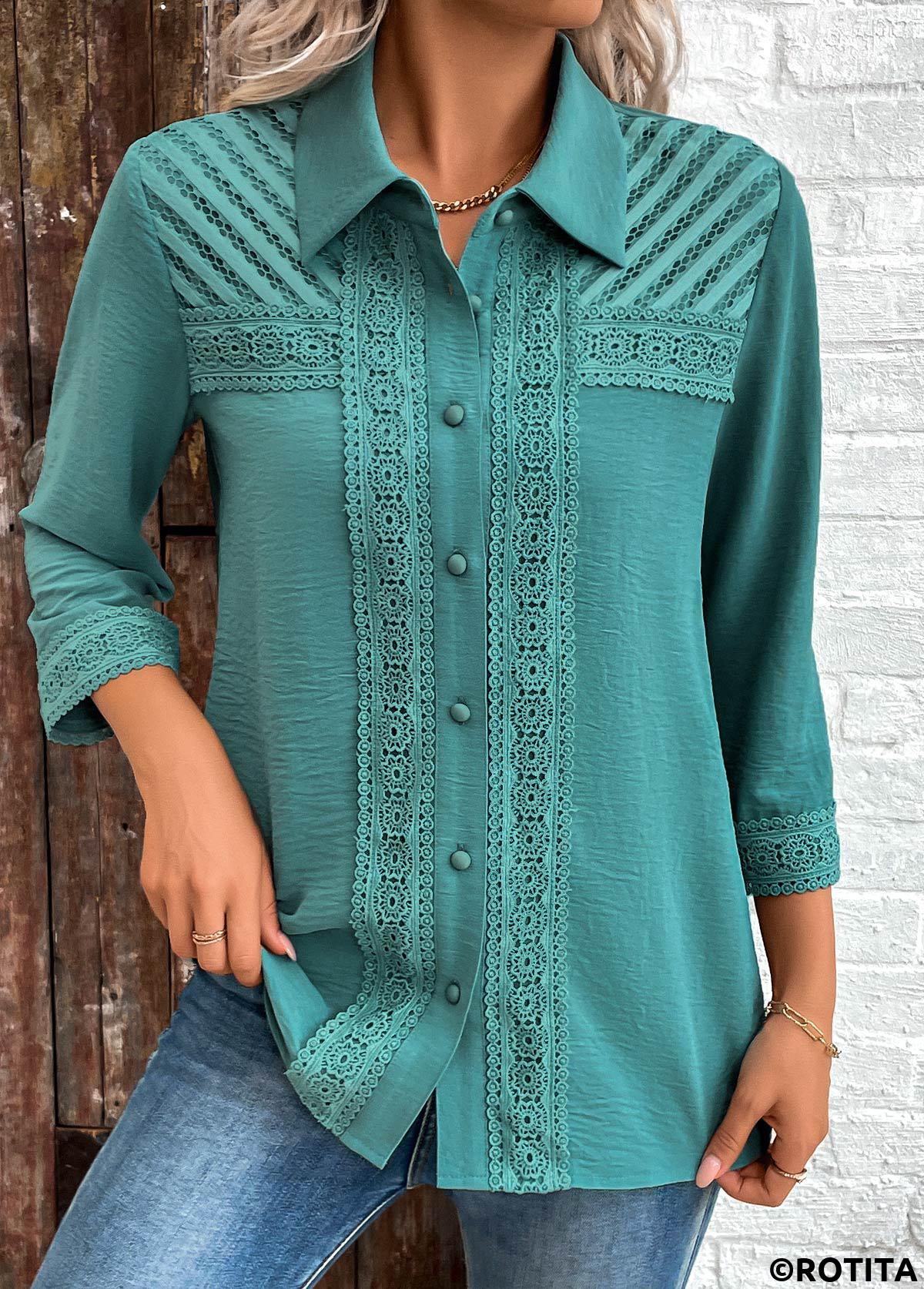 Turquoise tops,Plain Color tops,ROTITA Patchwork Turquoise Button 3/4 Sleeve Shirt
