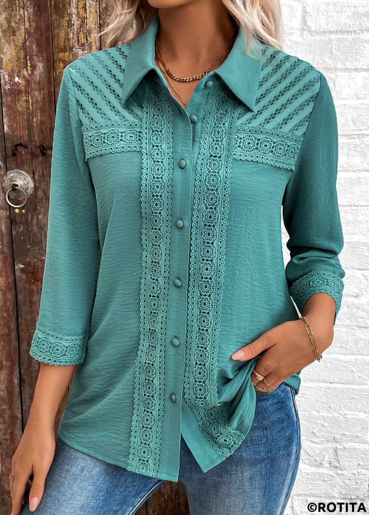 Turquoise tops,Plain Color tops,ROTITA Patchwork Turquoise Button 3/4 Sleeve Shirt