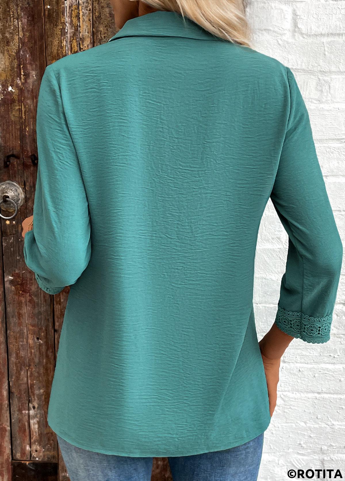 Turquoise tops,Plain Color tops,ROTITA Patchwork Turquoise Button 3/4 Sleeve Shirt