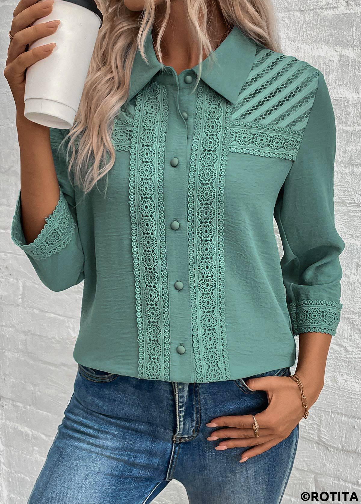 Turquoise tops,Plain Color tops,ROTITA Patchwork Turquoise Button 3/4 Sleeve Shirt