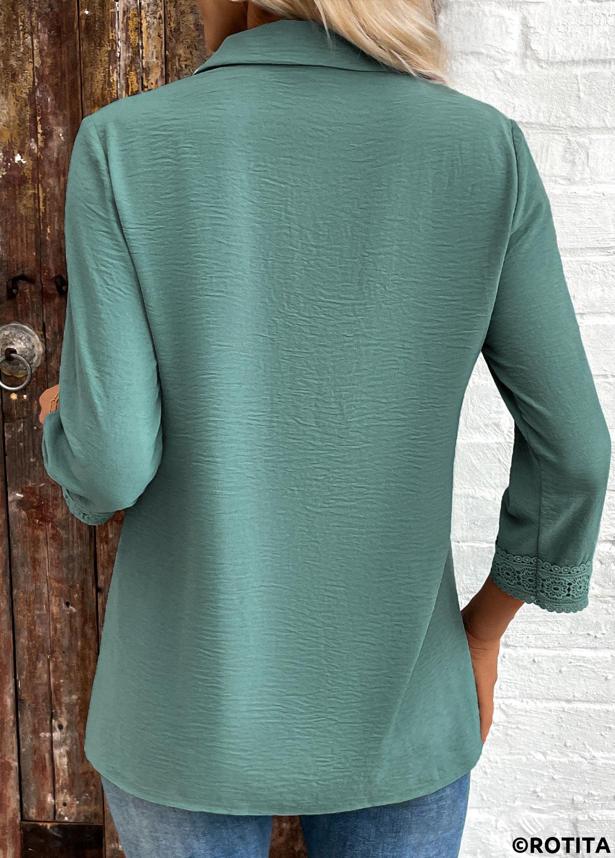 Turquoise tops,Plain Color tops,ROTITA Patchwork Turquoise Button 3/4 Sleeve Shirt
