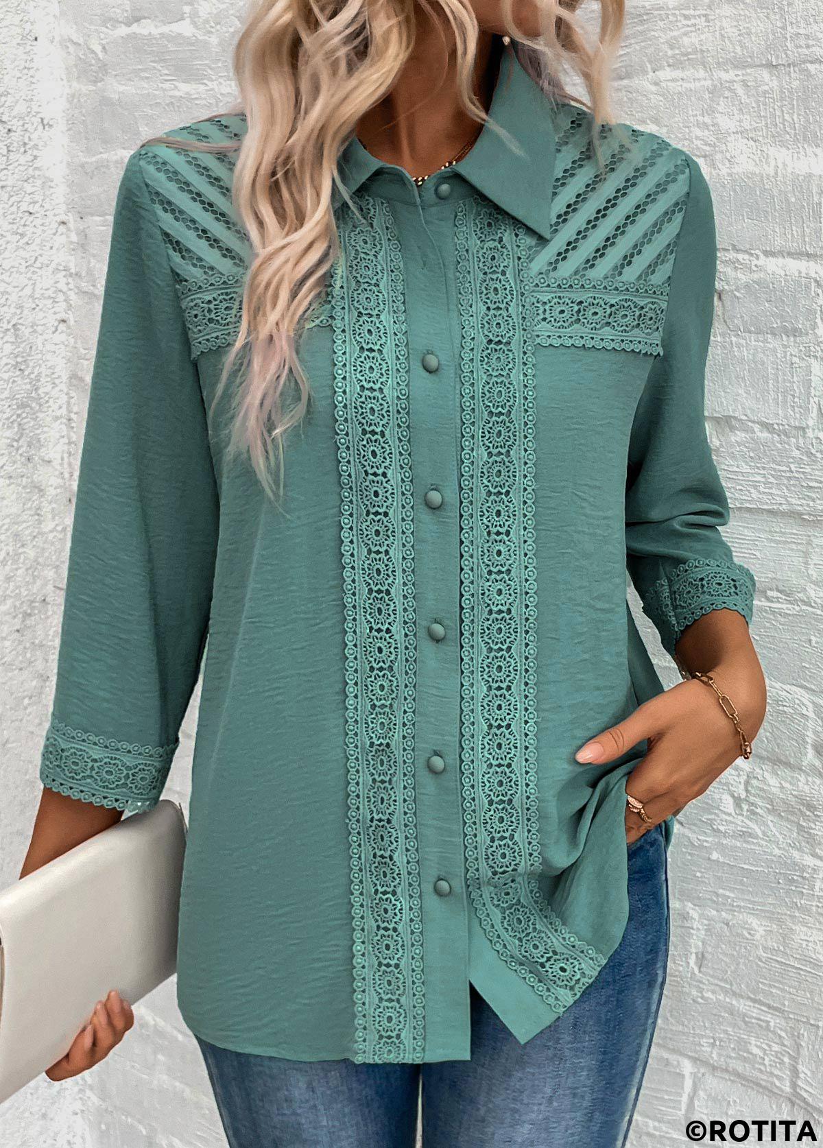 Turquoise tops,Plain Color tops,ROTITA Patchwork Turquoise Button 3/4 Sleeve Shirt