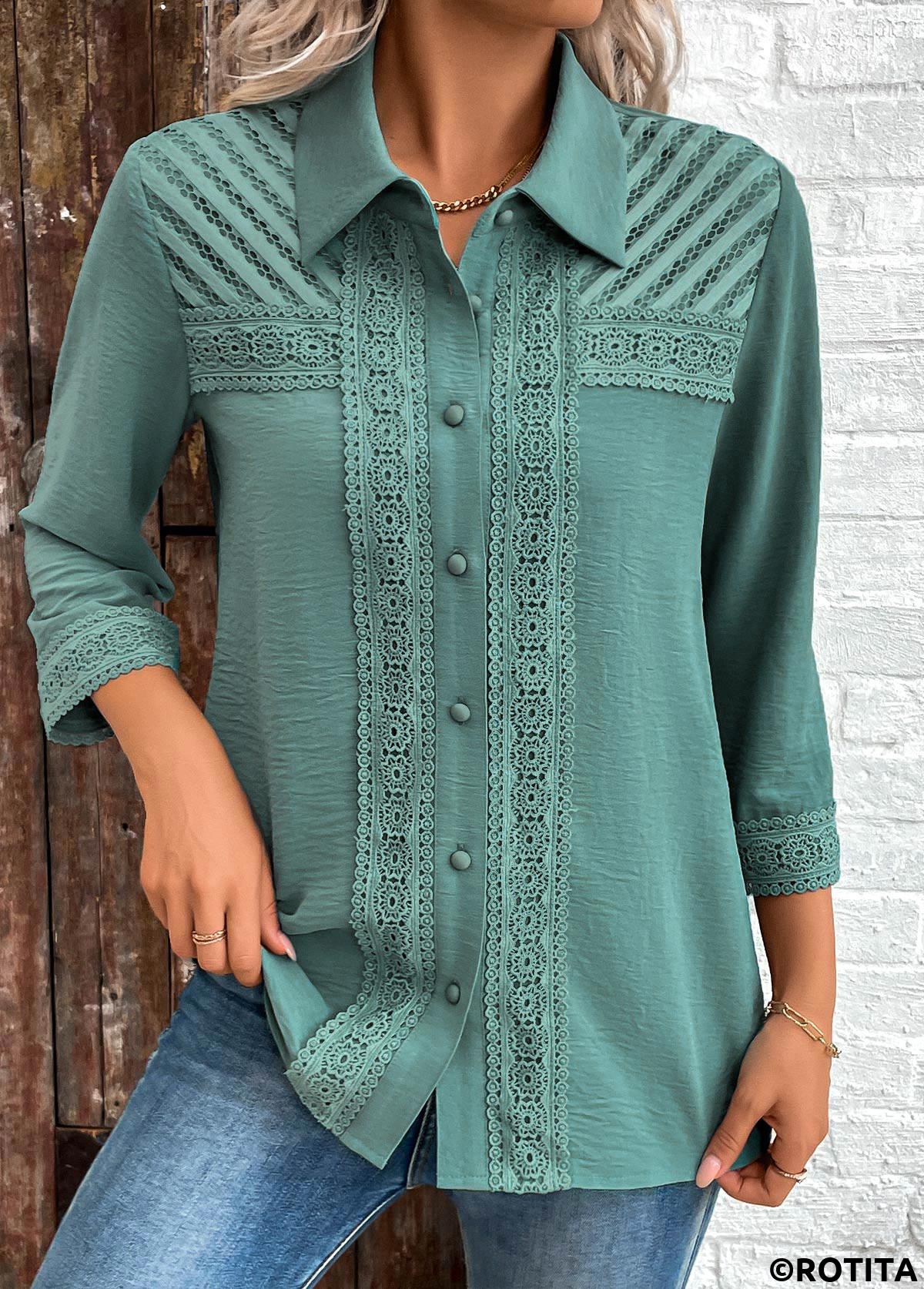 Turquoise tops,Plain Color tops,ROTITA Patchwork Turquoise Button 3/4 Sleeve Shirt