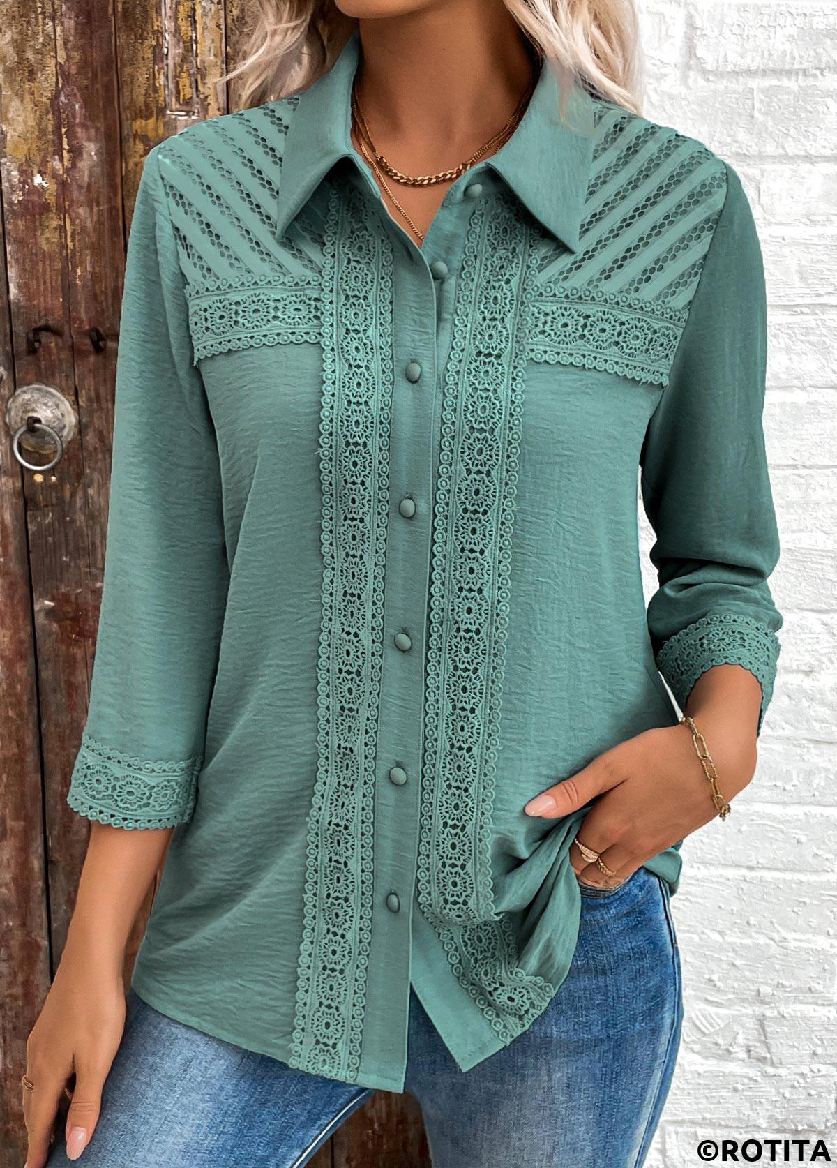 Turquoise tops,Plain Color tops,ROTITA Patchwork Turquoise Button 3/4 Sleeve Shirt
