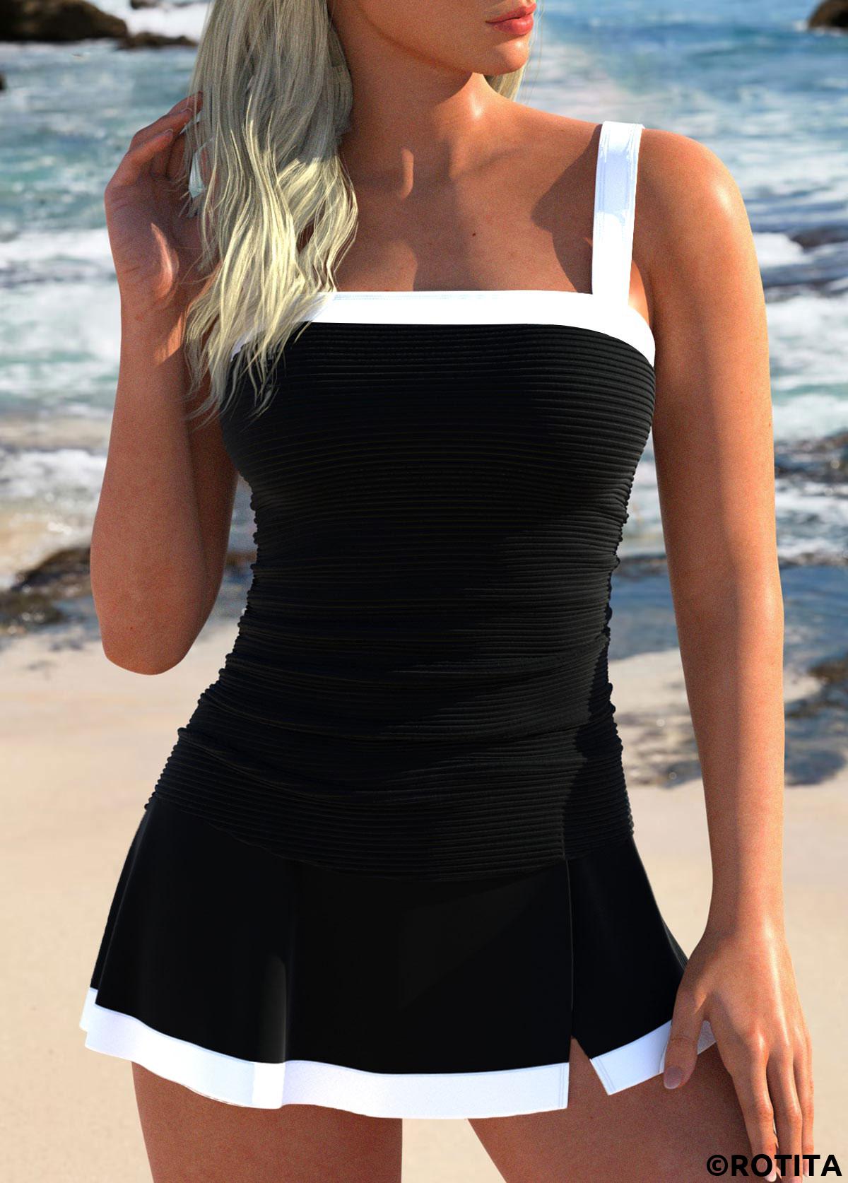 Black swimwear,Contrast Color swimwear,ROTITA Contrast Binding Black Patchwork Tankini Set