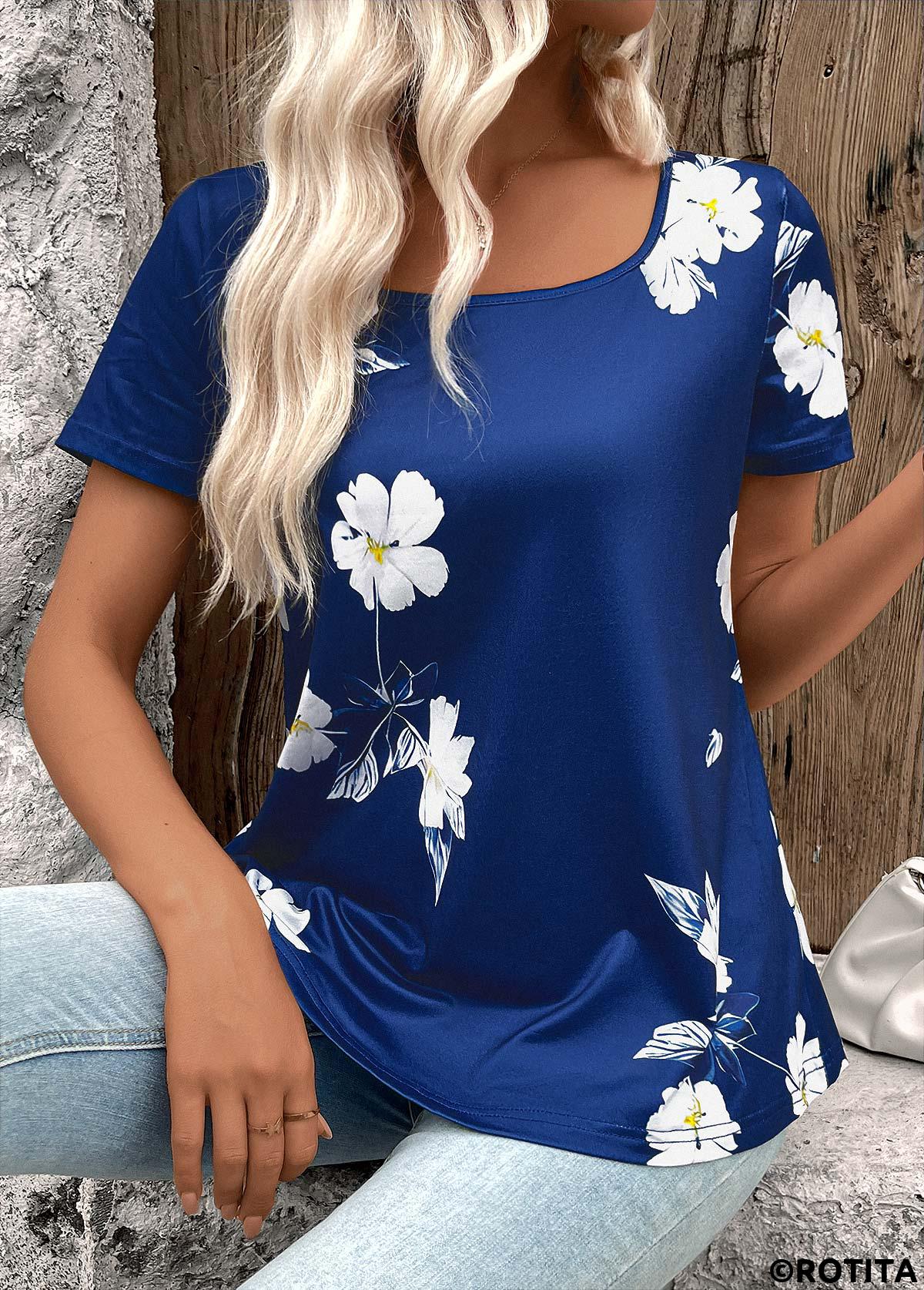 t-shirt à col carré bleu foncé à imprimé floral rotita