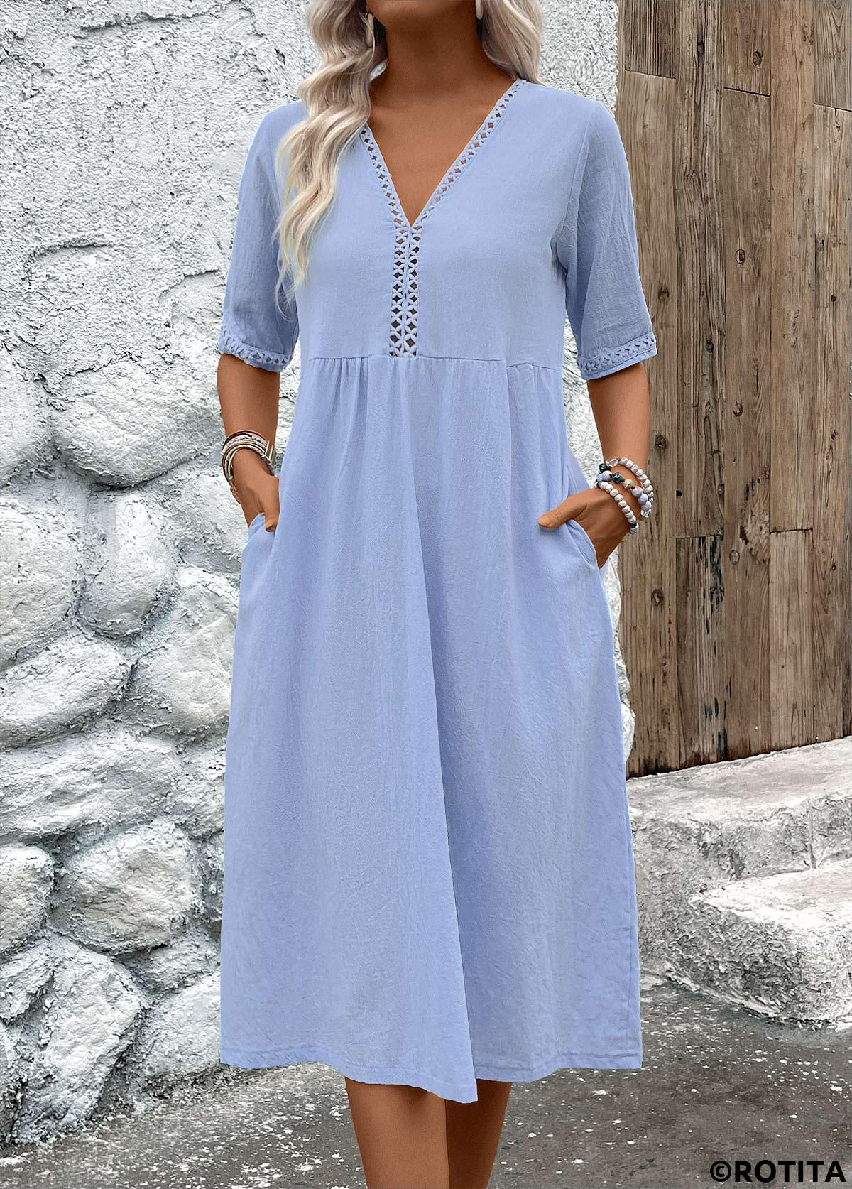 Light Blue dresses,Plain Color dresses,Everyday dresses,Casual dresses,ROTITA Patchwork Light Blue V Neck Half Sleeve Dress