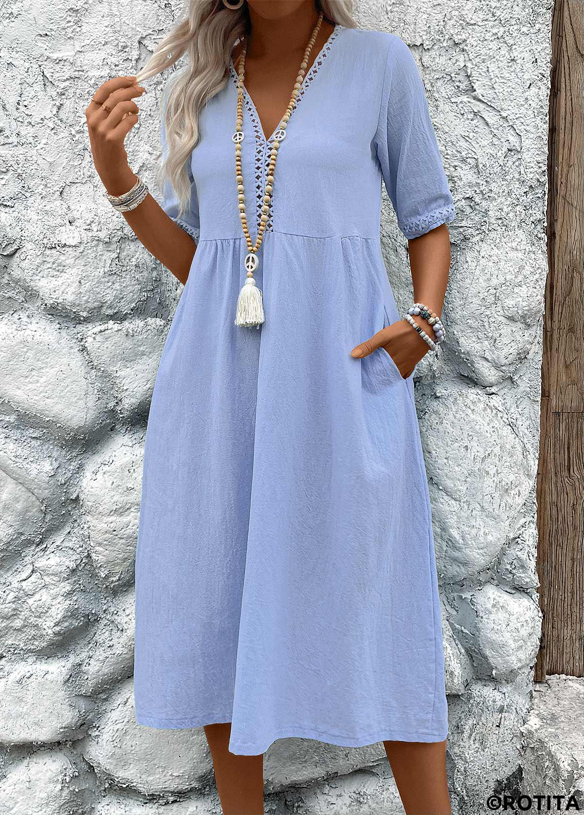 Light Blue dresses,Plain Color dresses,Everyday dresses,Casual dresses,ROTITA Patchwork Light Blue V Neck Half Sleeve Dress