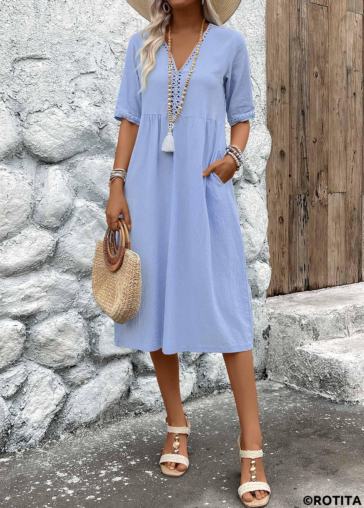 Light Blue dresses,Plain Color dresses,Everyday dresses,Casual dresses,ROTITA Patchwork Light Blue V Neck Half Sleeve Dress