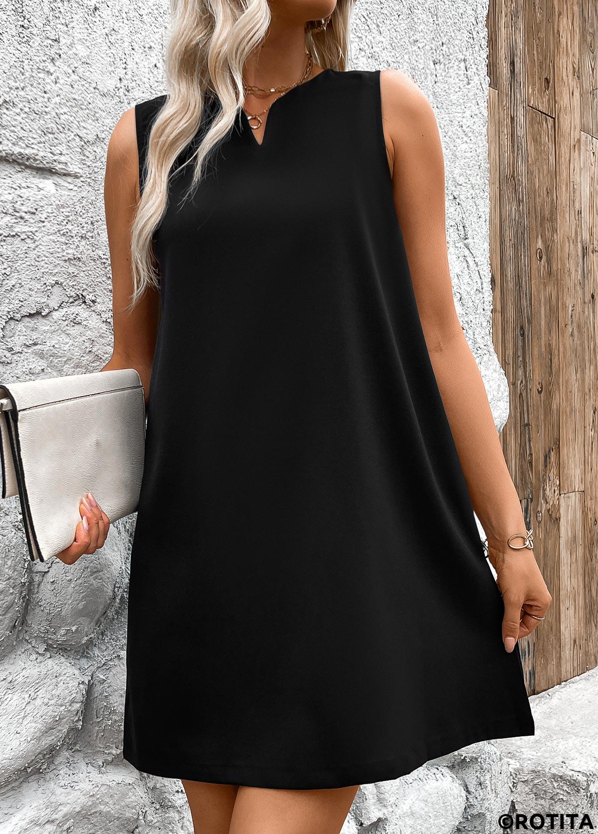 Black dresses,Plain Color dresses,Everyday dresses,Casual dresses,ROTITA Black A Line Split Neck Sleeveless Dress