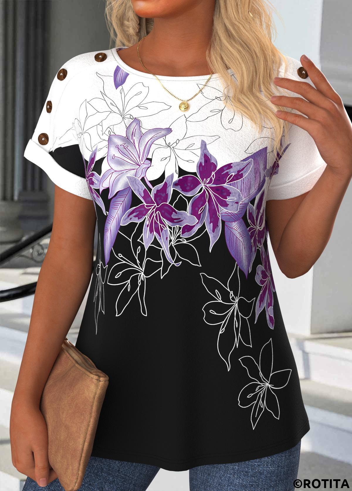 Schwarzes Rundhals-T-Shirt mit Rotita-Knopf und Blumendruck