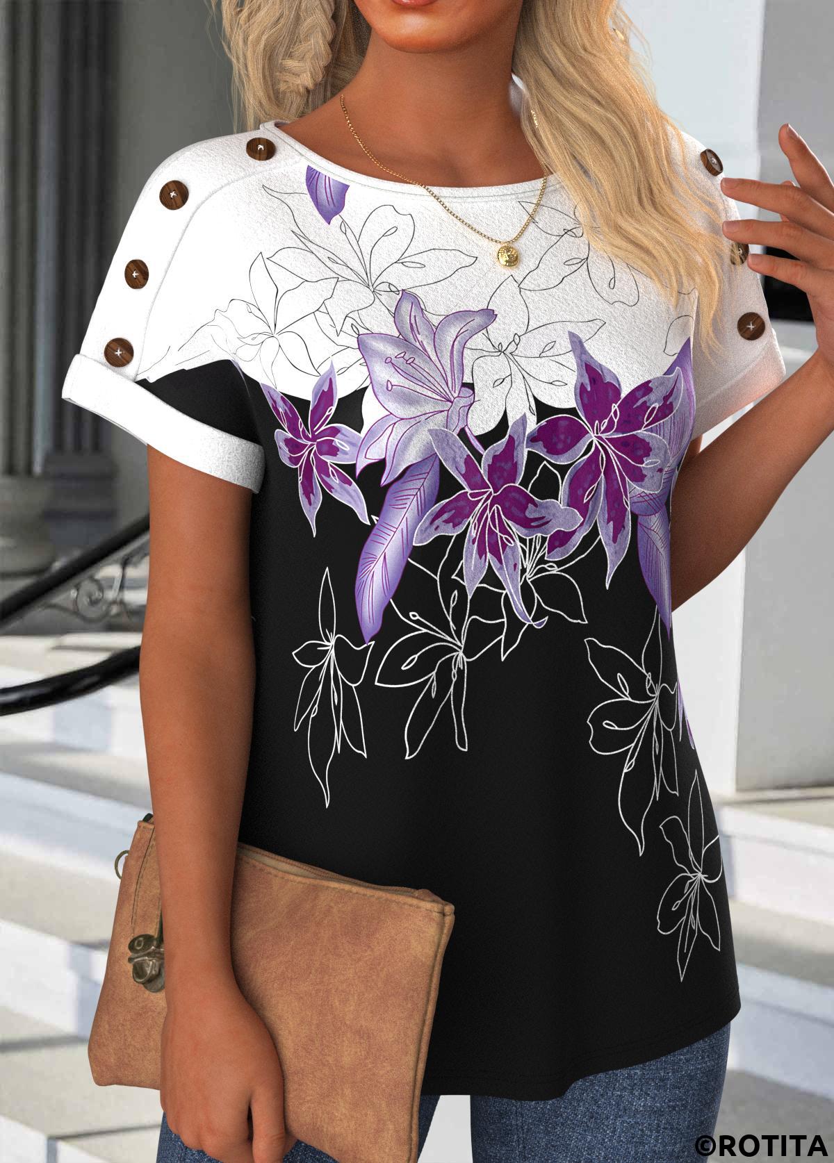 Schwarzes Rundhals-T-Shirt mit Rotita-Knopf und Blumendruck