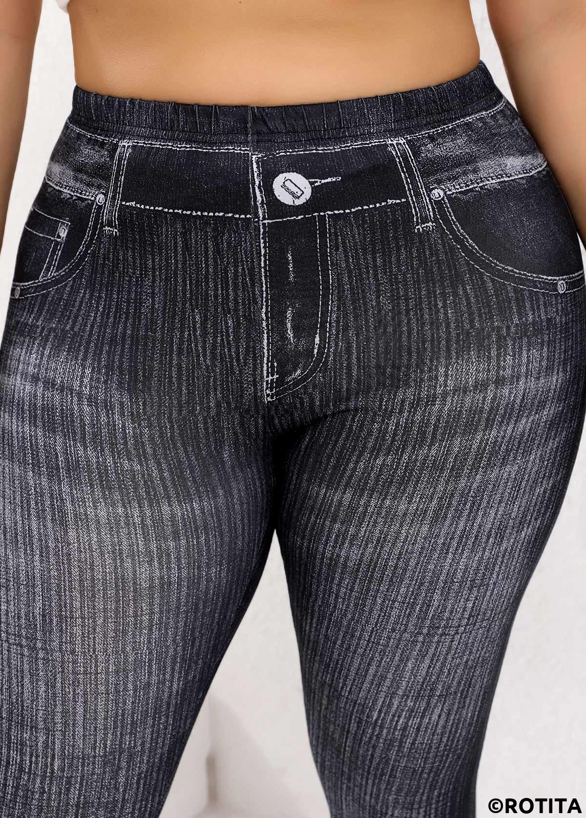 Black plus size,Denim-Effect Print plus size,Plus Size Black Denim-effect Print Skinny Elastic Waist Leggings
