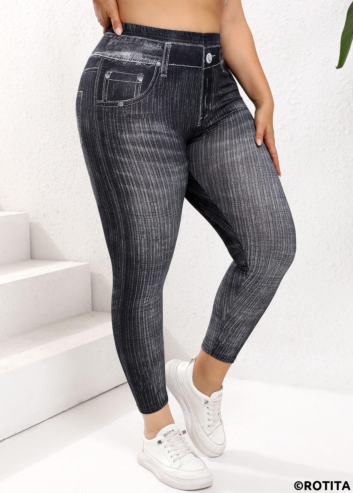 Black plus size,Denim-Effect Print plus size,Plus Size Black Denim-effect Print Skinny Elastic Waist Leggings