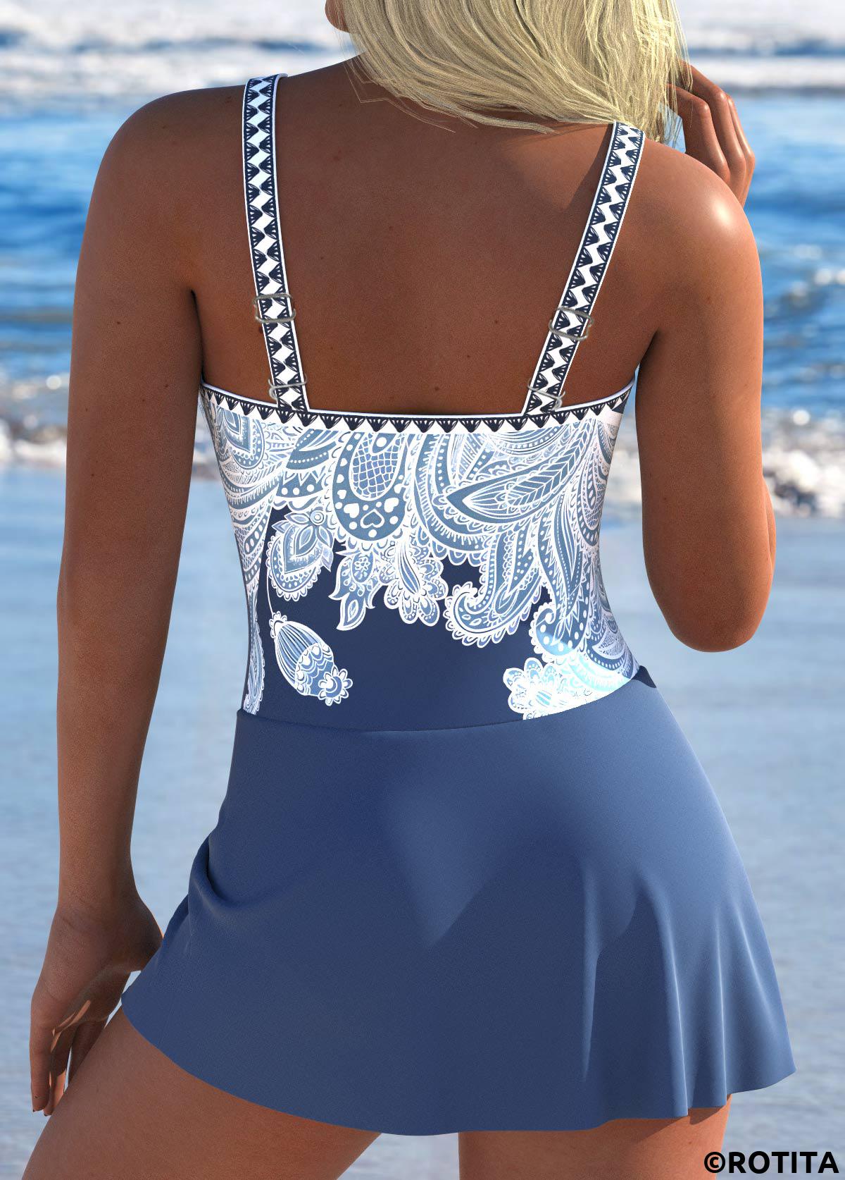 Dusty Blue swimwear,Paisley swimwear,ROTITA Bowknot Dusty Blue Paisley Print One Piece Swimdress