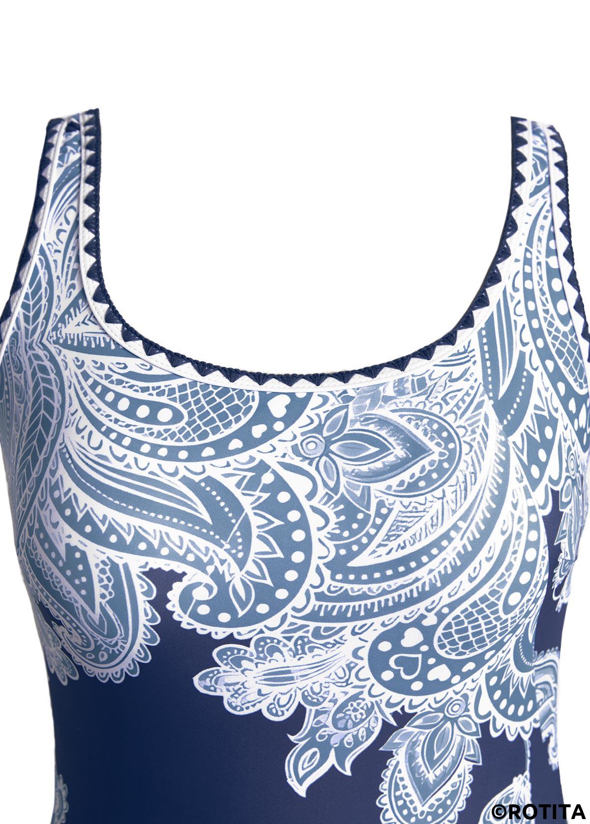 Dusty Blue swimwear,Paisley swimwear,ROTITA Bowknot Dusty Blue Paisley Print One Piece Swimdress