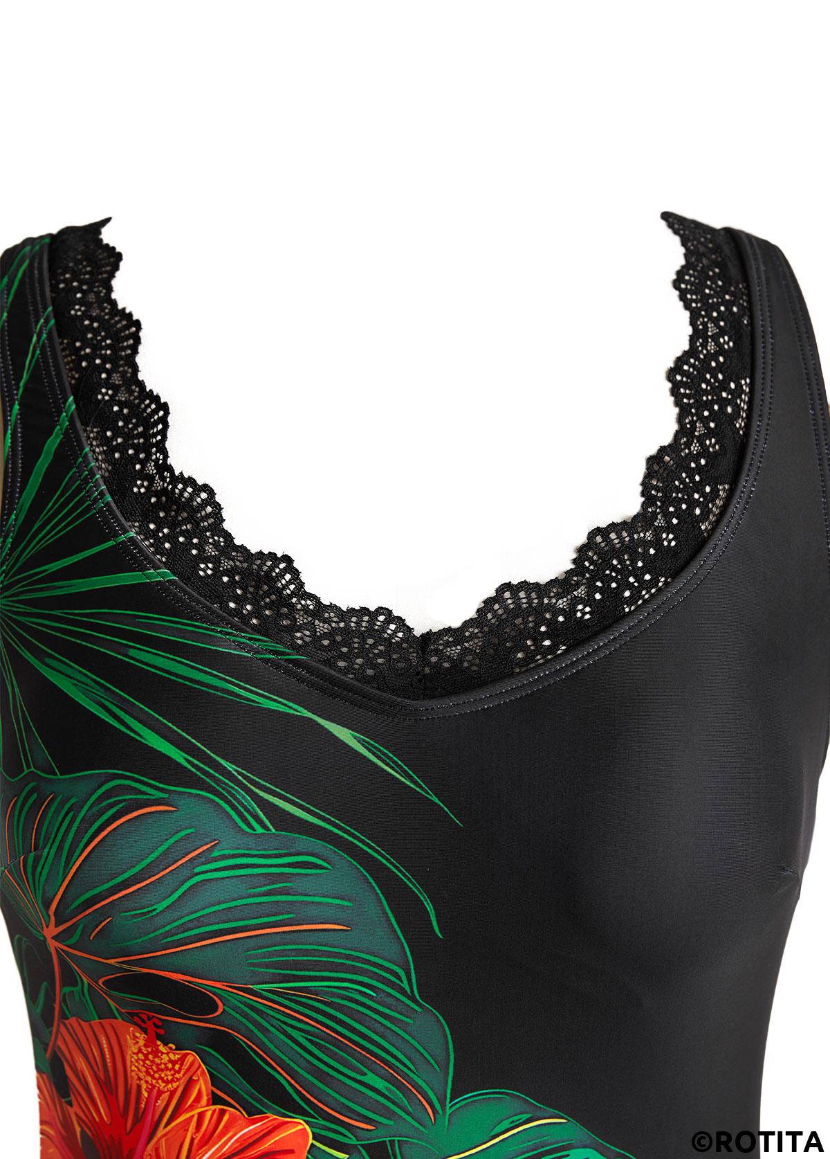 Black swimwear,Floral swimwear,Plants swimwear,ROTITA Tie Black Floral Print One Piece Swimdress