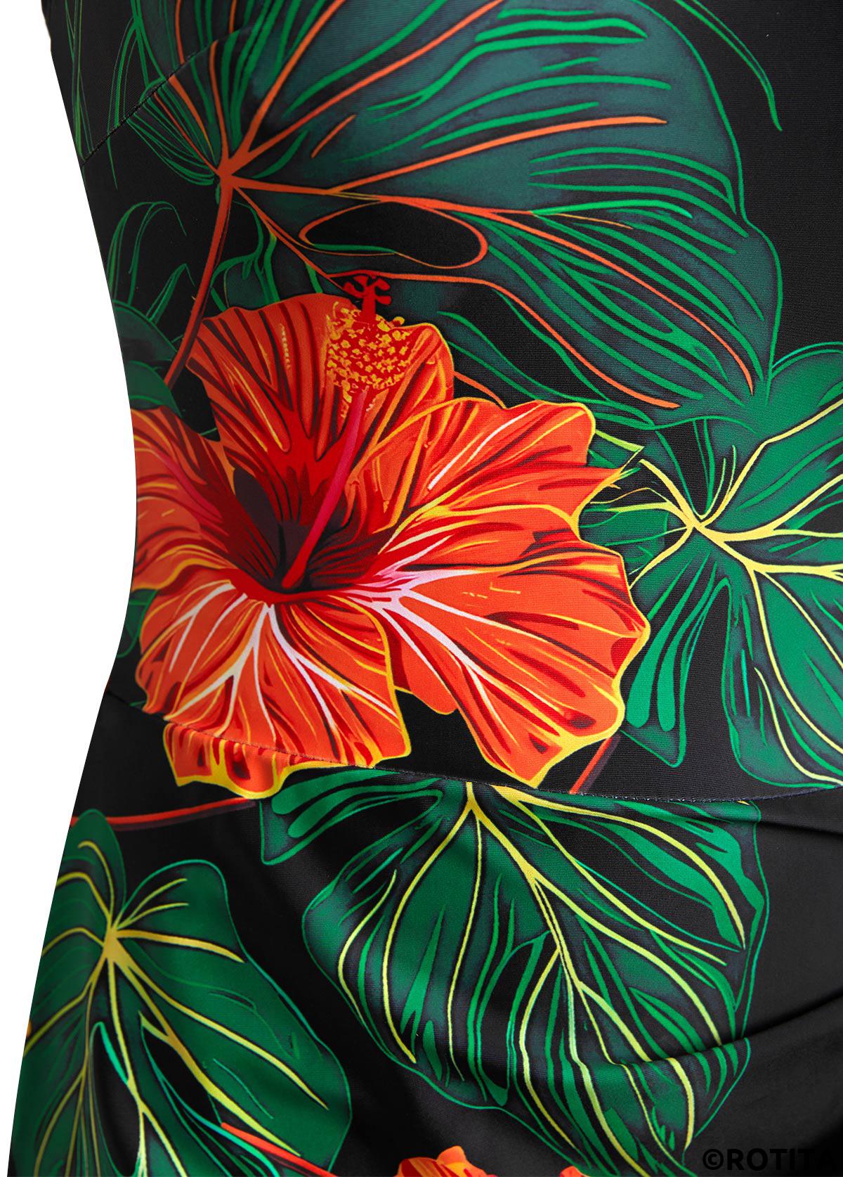 Black swimwear,Floral swimwear,Plants swimwear,ROTITA Tie Black Floral Print One Piece Swimdress
