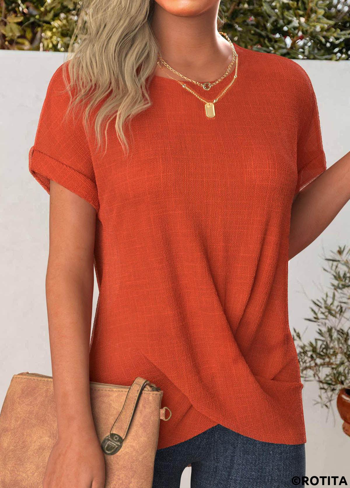 Terracotta tops,Plain Color tops,ROTITA Cross Hem Terracotta Round Neck Short Sleeve T Shirt