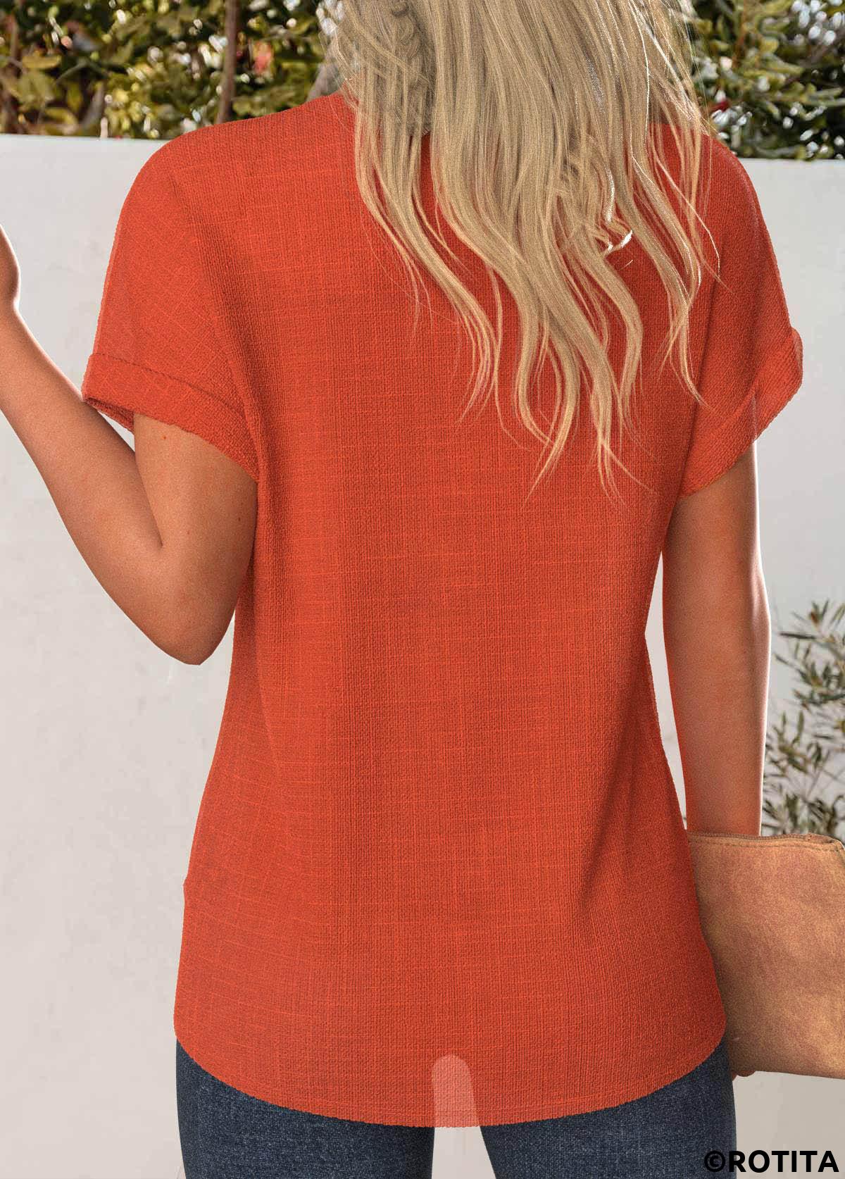 Terracotta tops,Plain Color tops,ROTITA Cross Hem Terracotta Round Neck Short Sleeve T Shirt
