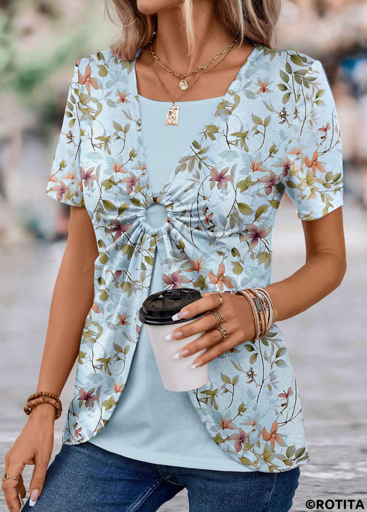 Light Blue tops,Floral tops,Plants tops,ROTITA Floral Print Light Blue T Shirt