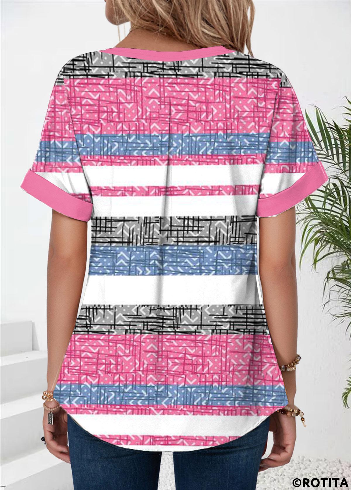 rotita patchwork rayé rose col fendu t-shirt à manches courtes