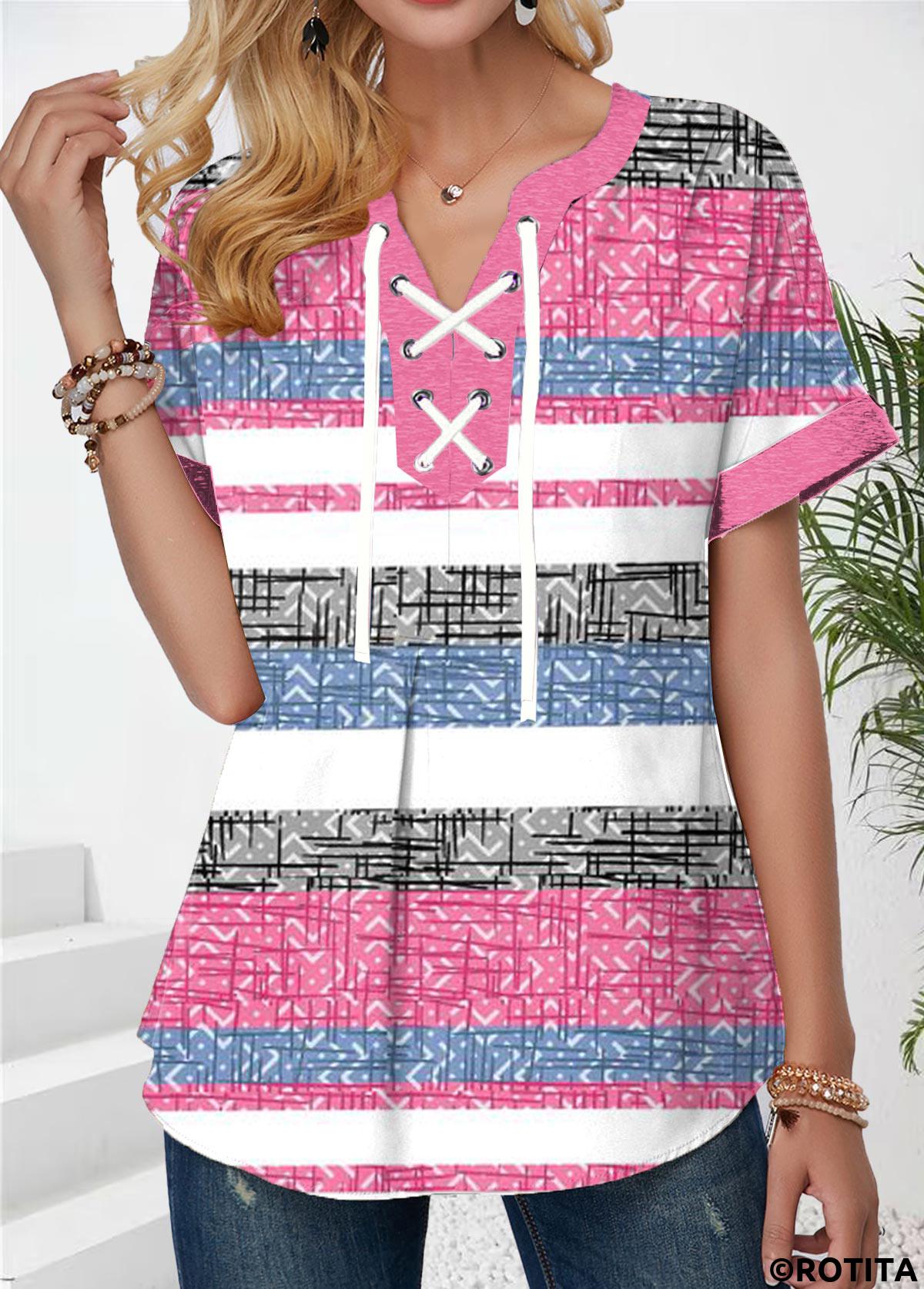 rotita patchwork rayé rose col fendu t-shirt à manches courtes