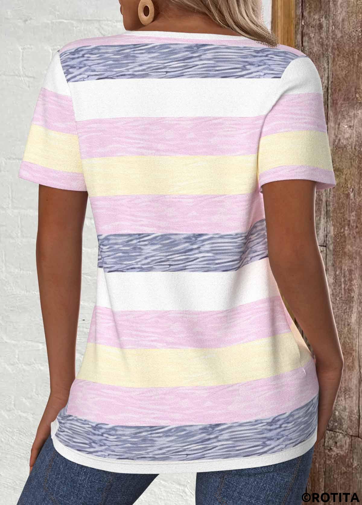 Multi Color tops,Striped tops,Geometric tops,ROTITA Lace Up Striped Multi Color Short Sleeve T Shirt
