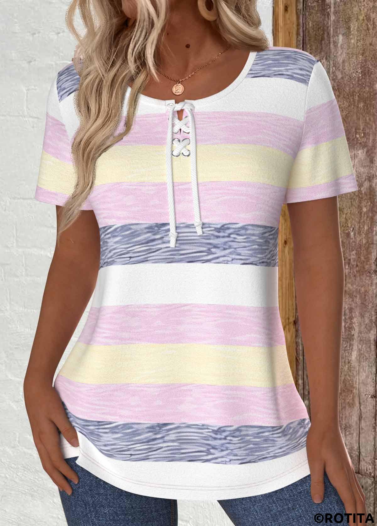 Multi Color tops,Striped tops,Geometric tops,ROTITA Lace Up Striped Multi Color Short Sleeve T Shirt