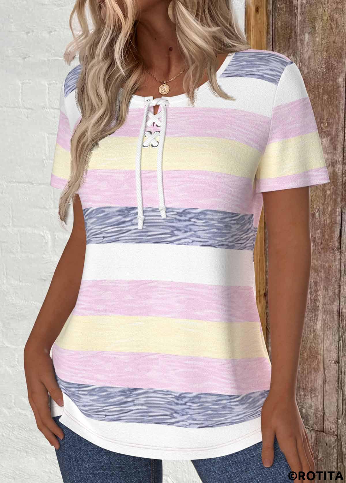 Multi Color tops,Striped tops,Geometric tops,ROTITA Lace Up Striped Multi Color Short Sleeve T Shirt