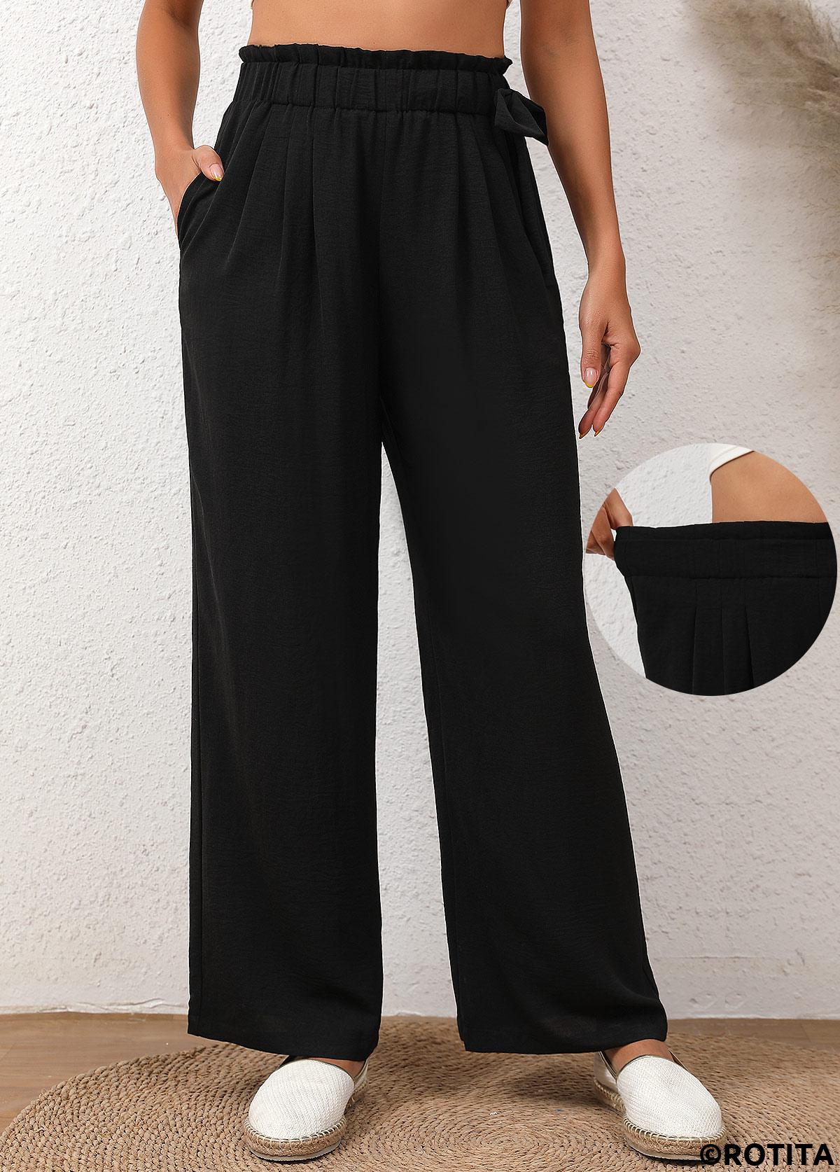 Black bottoms,Plain Color bottoms,Bowknot Black Elastic Waist High Waisted Pants