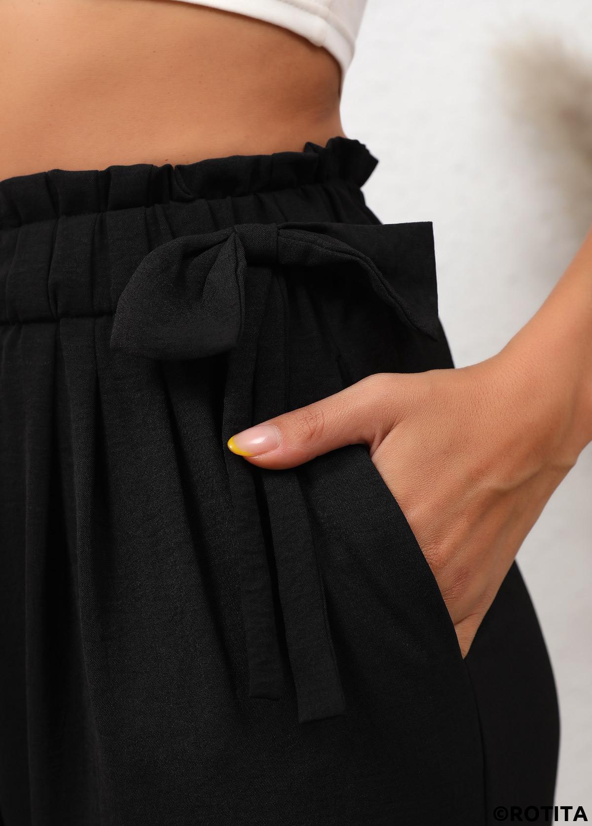 Black bottoms,Plain Color bottoms,Bowknot Black Elastic Waist High Waisted Pants