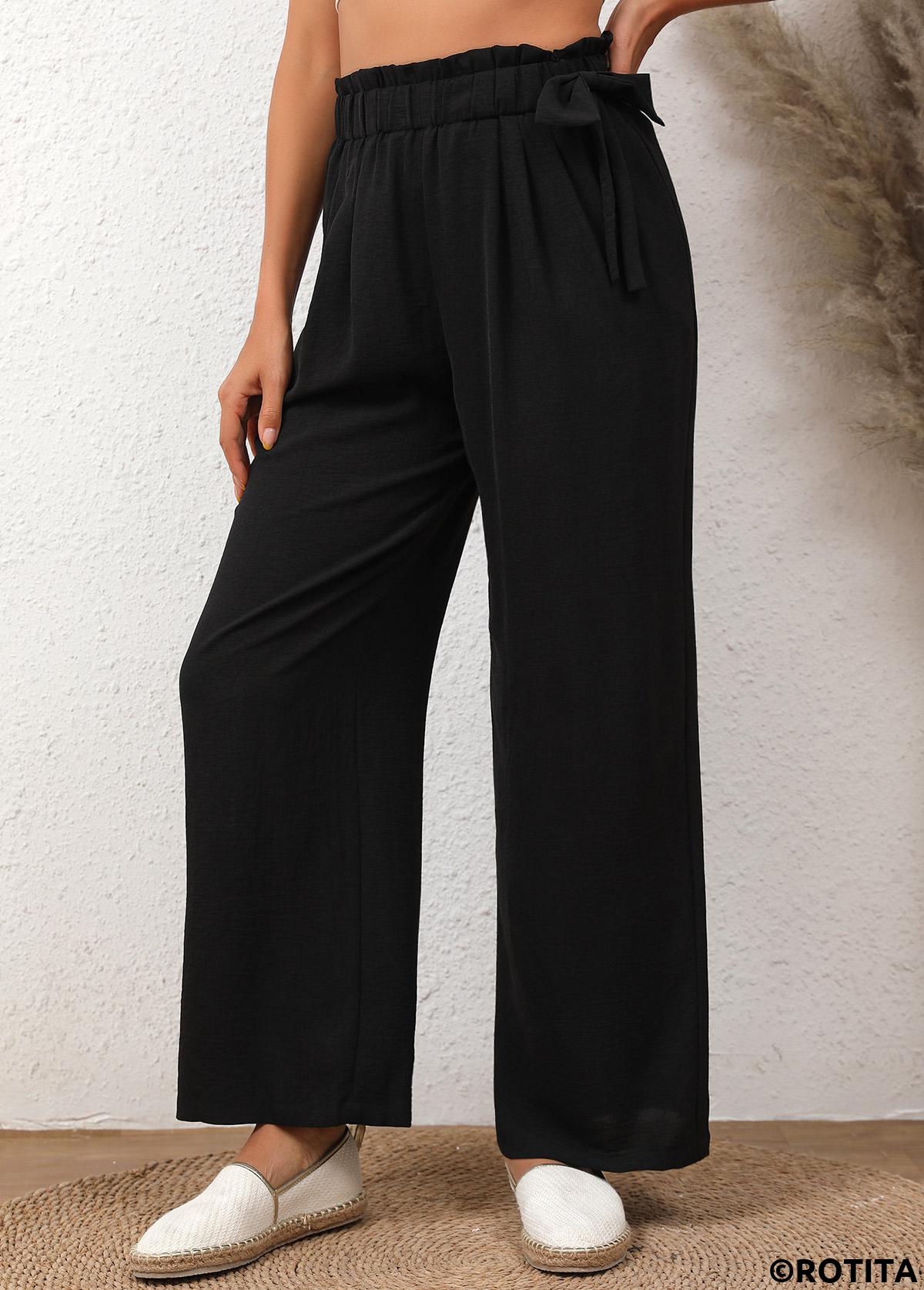 Black bottoms,Plain Color bottoms,Bowknot Black Elastic Waist High Waisted Pants