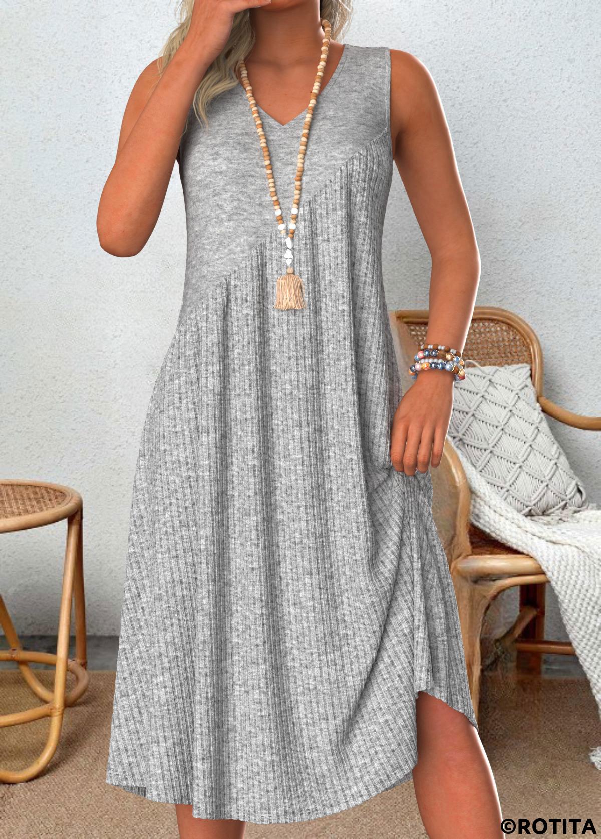 Light Grey Marl dresses,Plain Color dresses,Everyday dresses,Casual dresses,ROTITA Patchwork Light Grey Marl A Line V Neck Dress