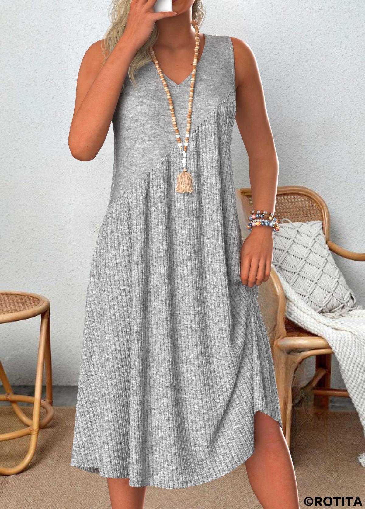 Light Grey Marl dresses,Plain Color dresses,Everyday dresses,Casual dresses,ROTITA Patchwork Light Grey Marl A Line V Neck Dress