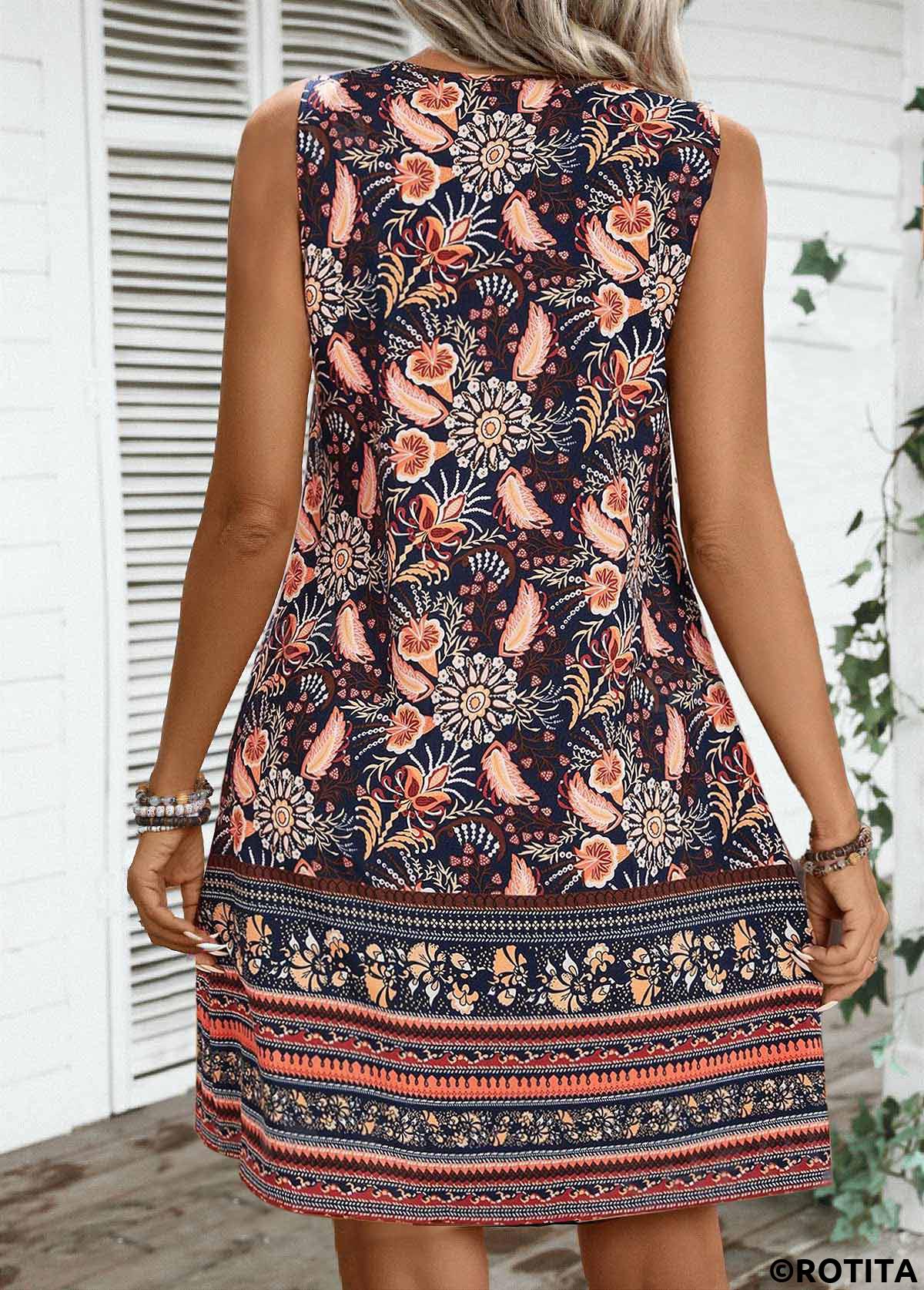 Multi Color dresses,Plants dresses,Geometric dresses,Everyday dresses,Casual dresses,ROTITA Cut Out Plants Print Multi Color A Line Dress