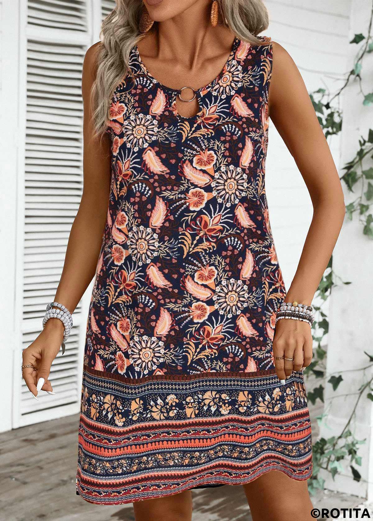 Multi Color dresses,Plants dresses,Geometric dresses,Everyday dresses,Casual dresses,ROTITA Cut Out Plants Print Multi Color A Line Dress
