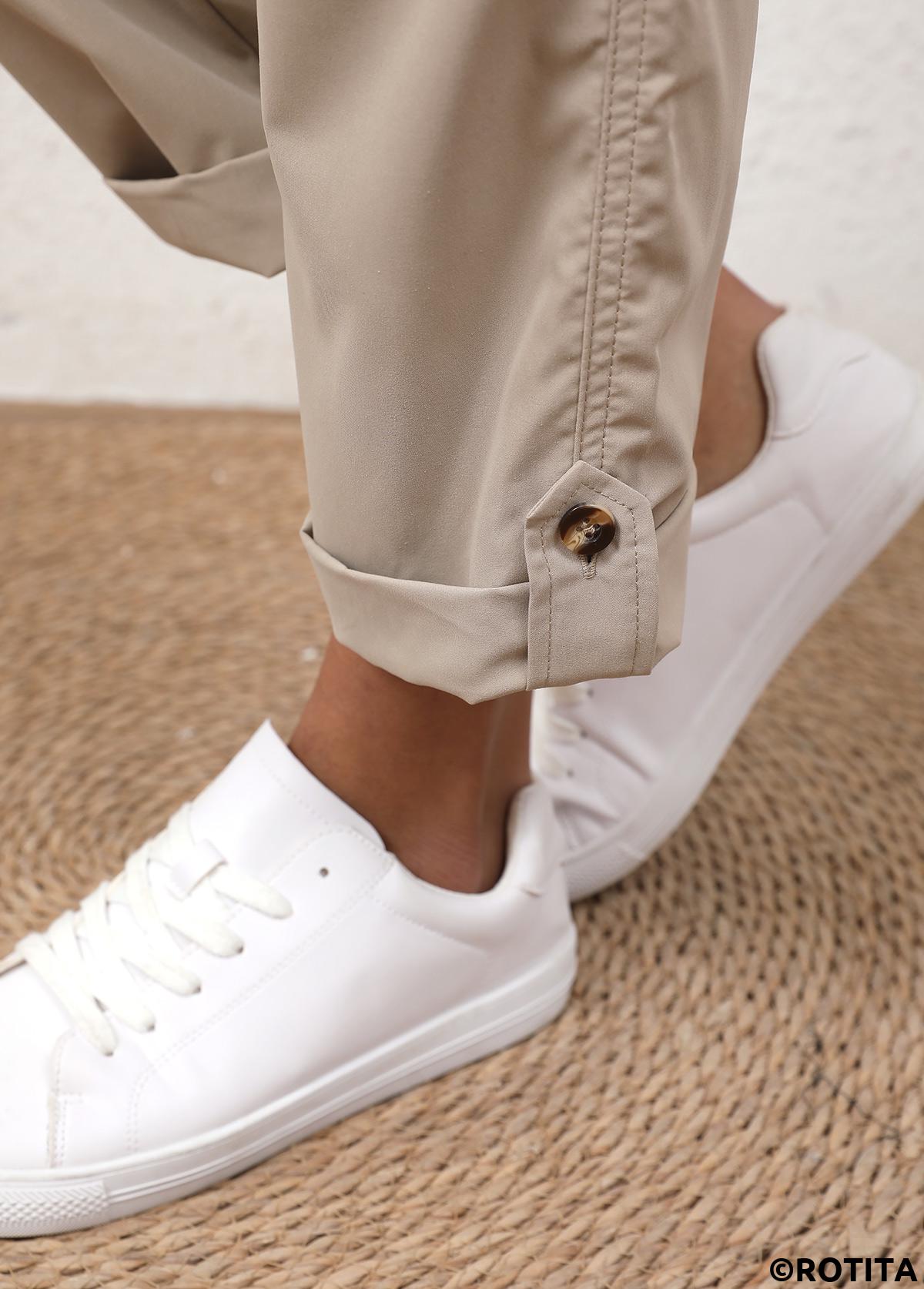 Light Camel bottoms,Plain Color bottoms,Drawstring Light Camel Elastic Waist High Waisted Pants