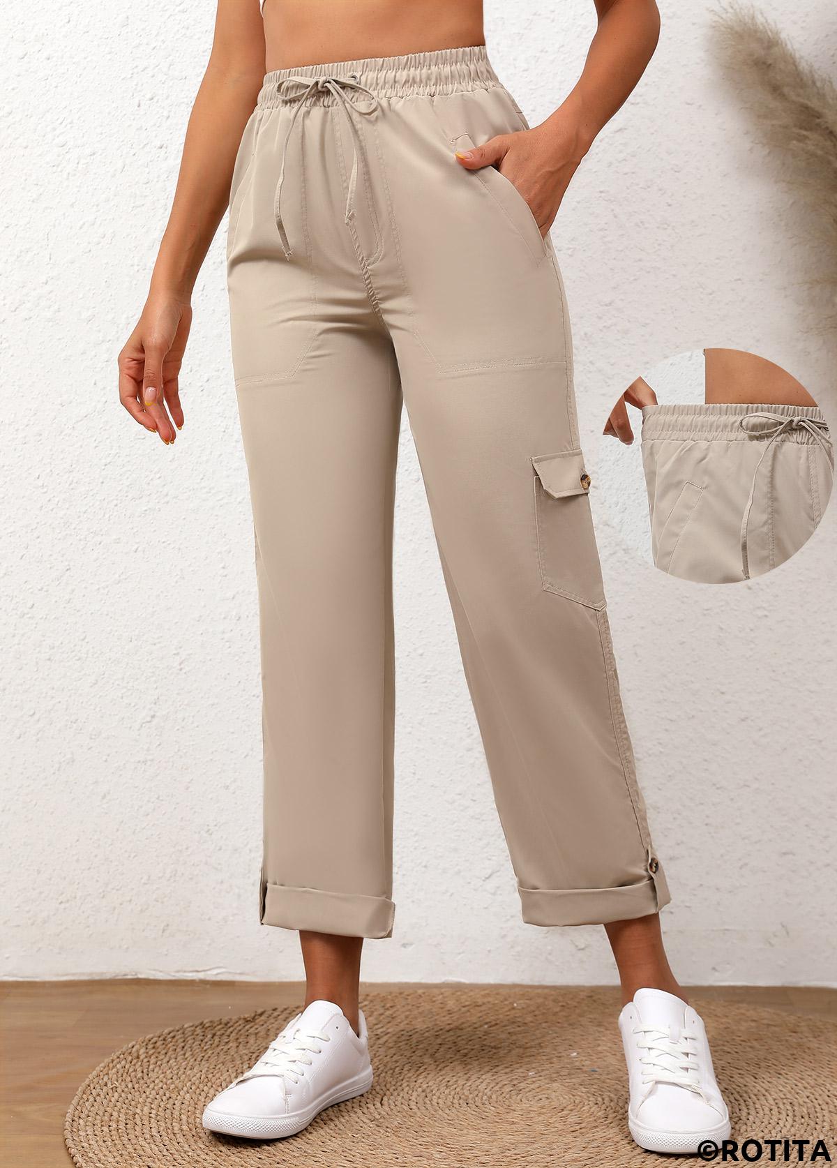 Light Camel bottoms,Plain Color bottoms,Drawstring Light Camel Elastic Waist High Waisted Pants