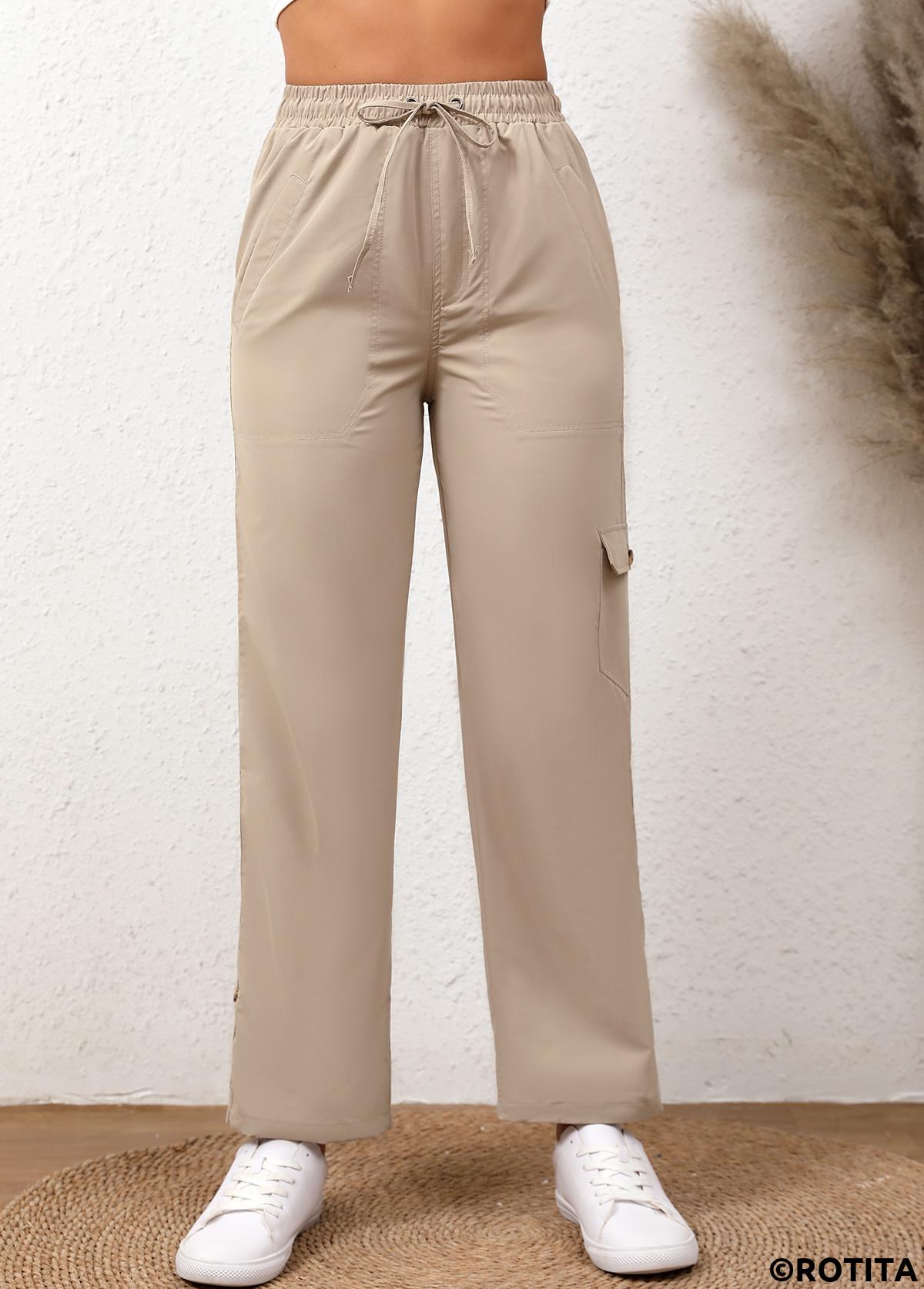 Light Camel bottoms,Plain Color bottoms,Drawstring Light Camel Elastic Waist High Waisted Pants