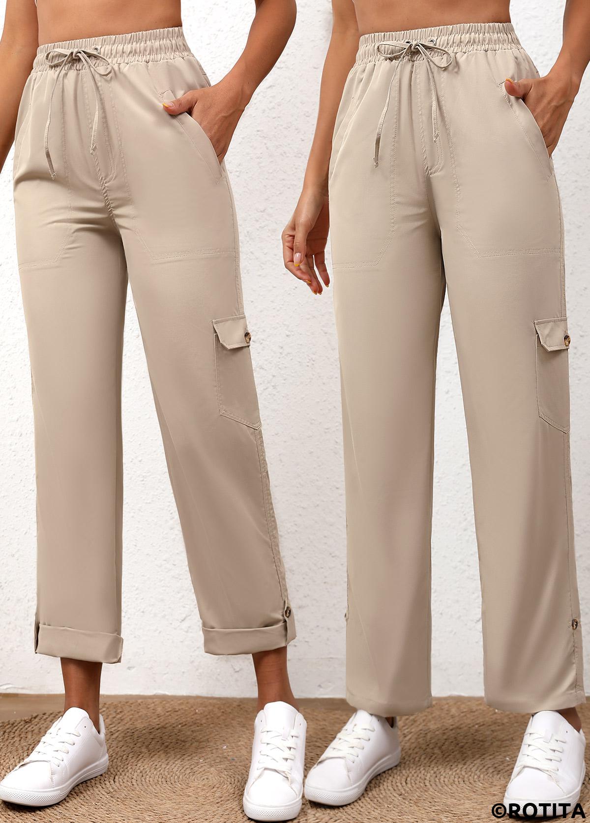 Light Camel bottoms,Plain Color bottoms,Drawstring Light Camel Elastic Waist High Waisted Pants