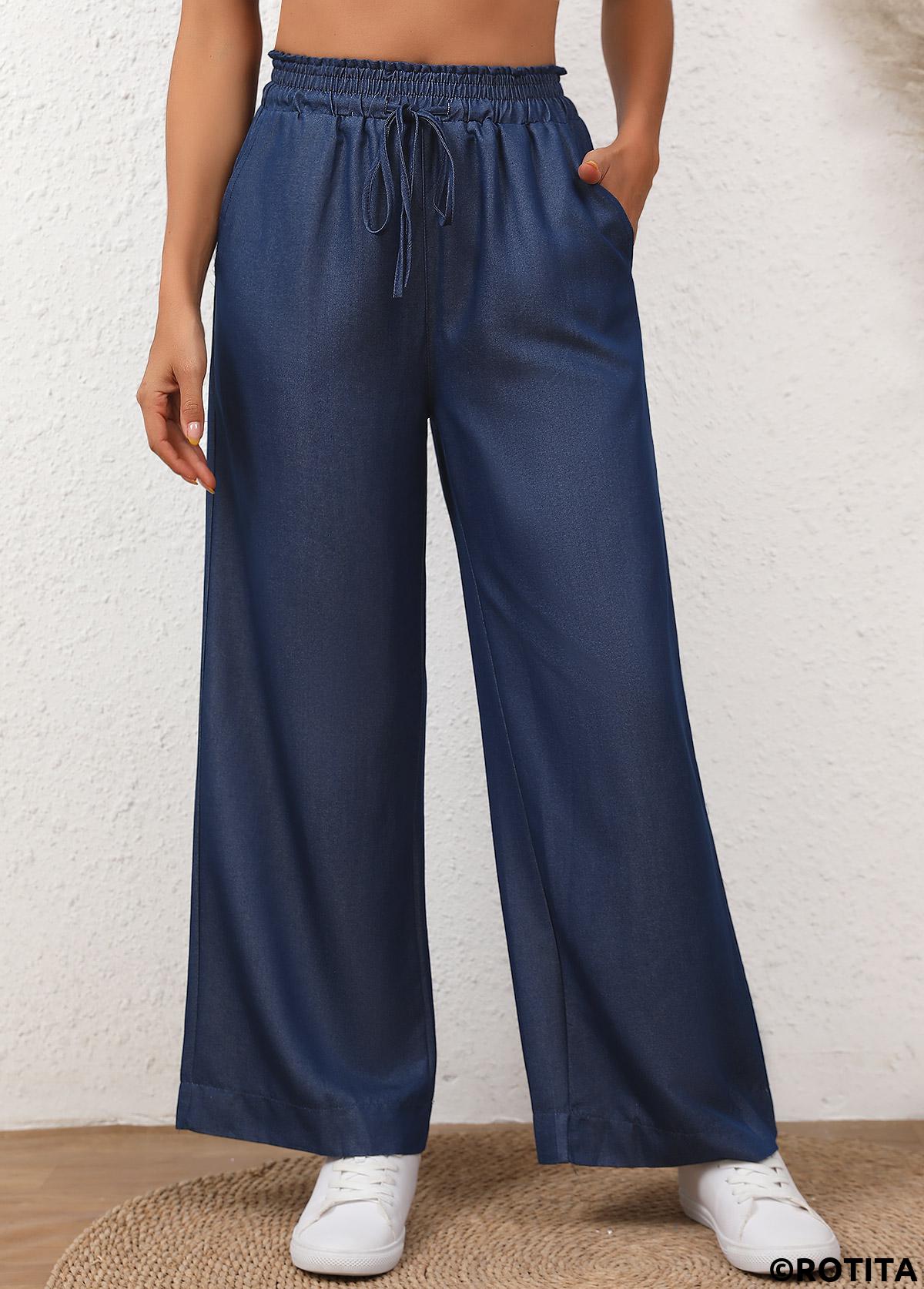 Denim Blue bottoms,Plain Color bottoms,Drawstring Denim Blue Elastic Waist High Waisted Jeans