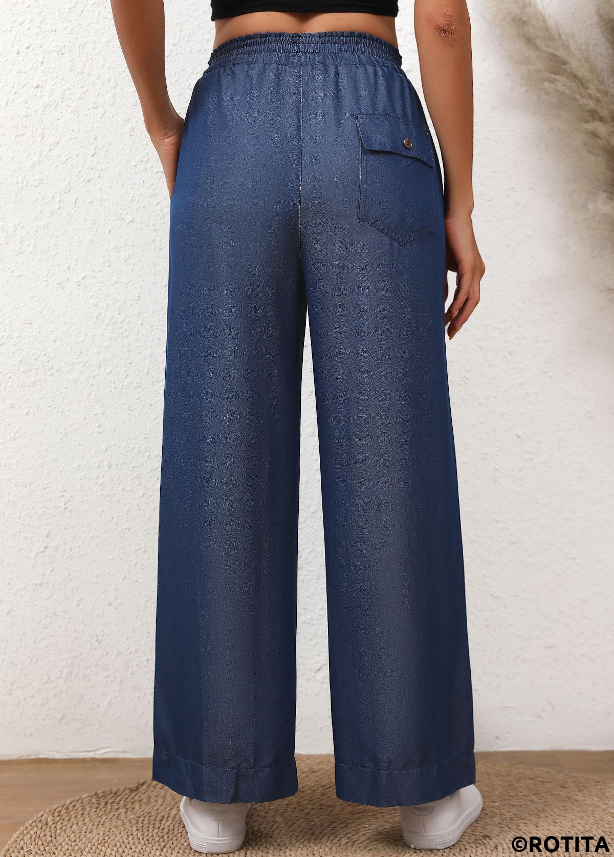 Denim Blue bottoms,Plain Color bottoms,Drawstring Denim Blue Elastic Waist High Waisted Jeans