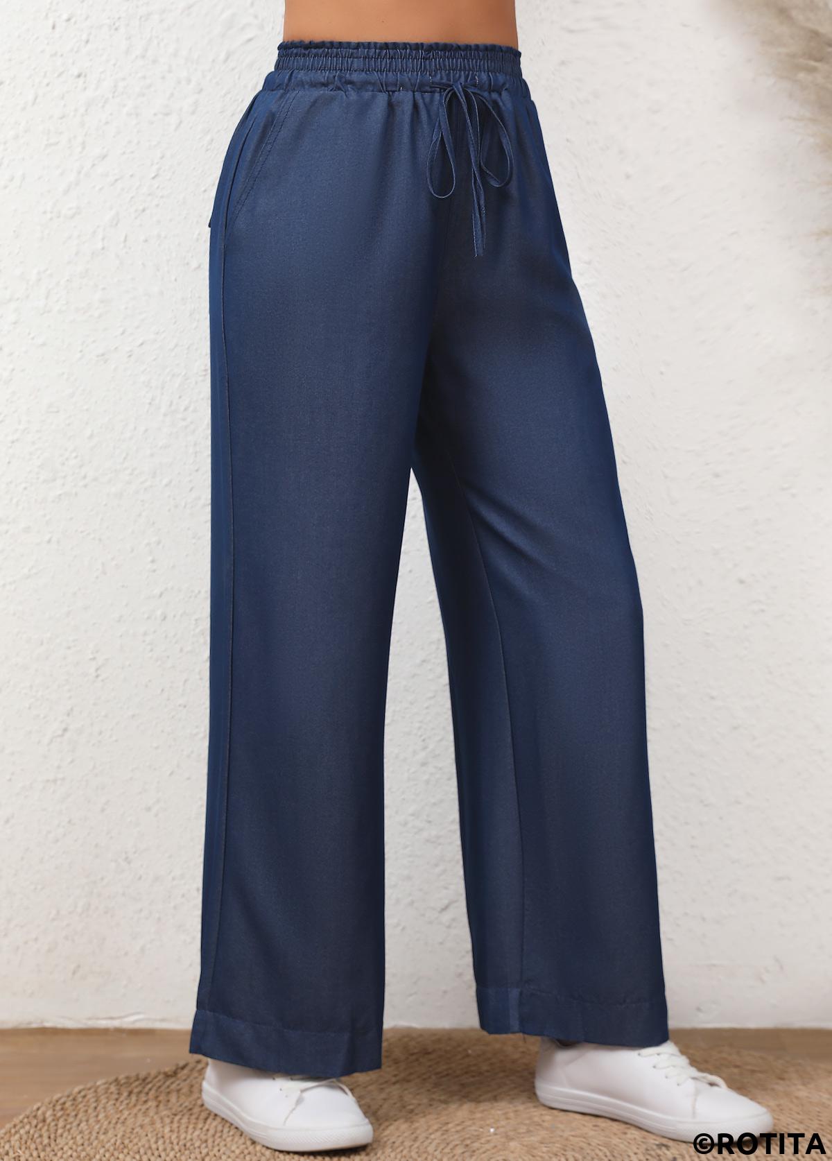 Denim Blue bottoms,Plain Color bottoms,Drawstring Denim Blue Elastic Waist High Waisted Jeans